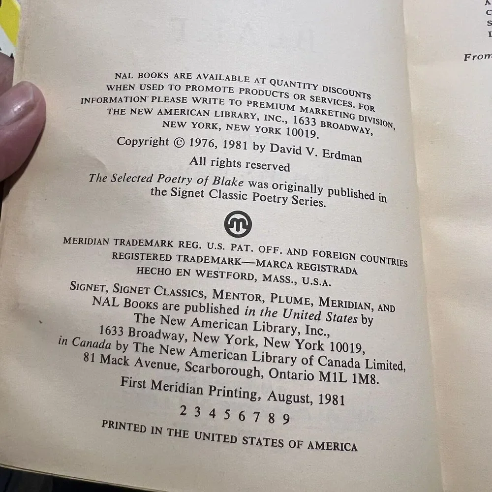 The Selected Poetry of Blake edited by‎ David V. Erdman 1981 PB